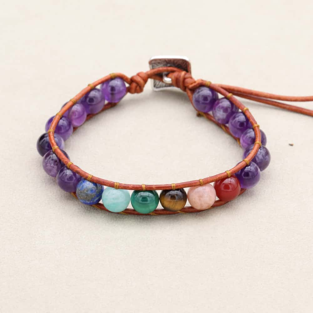 Serenity and Wisdom 7 Chakra Amethyst Leather Wrap Bracelet