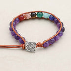 Serenity and Wisdom 7 Chakra Amethyst Leather Wrap Bracelet