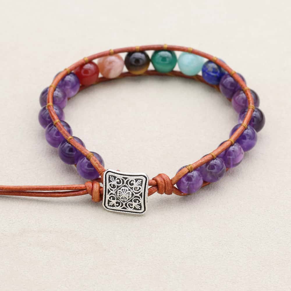 Serenity and Wisdom 7 Chakra Amethyst Leather Wrap Bracelet