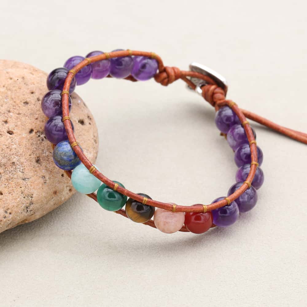 Serenity and Wisdom 7 Chakra Amethyst Leather Wrap Bracelet