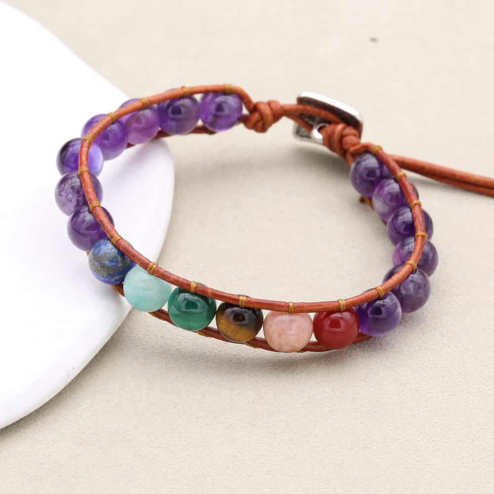 Serenity and Wisdom 7 Chakra Amethyst Leather Wrap Bracelet
