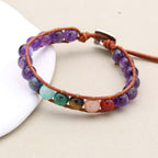 Serenity and Wisdom 7 Chakra Amethyst Leather Wrap Bracelet