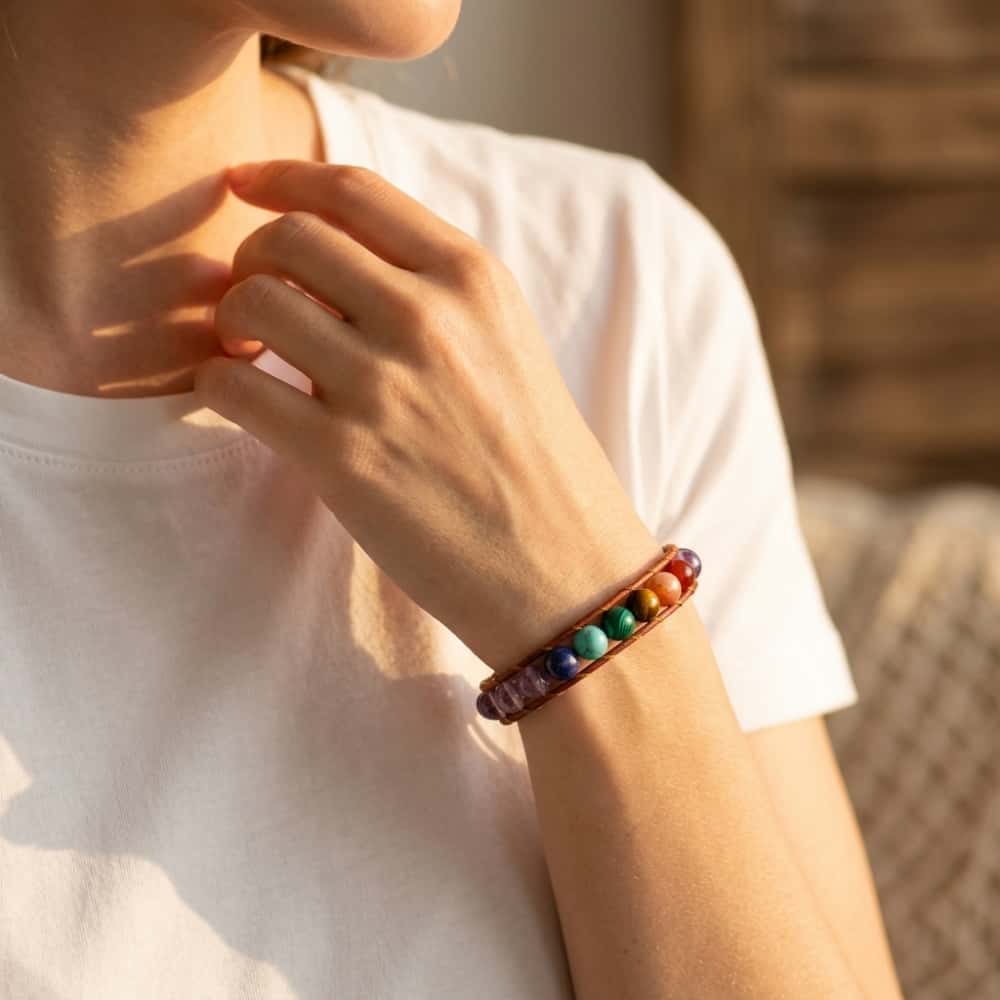 Serenity and Wisdom 7 Chakra Amethyst Leather Wrap Bracelet