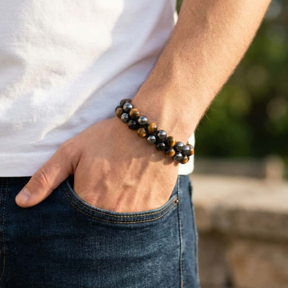 Triple Protection Tiger Eye Obsidian and Hematite Double Layer Bracelet