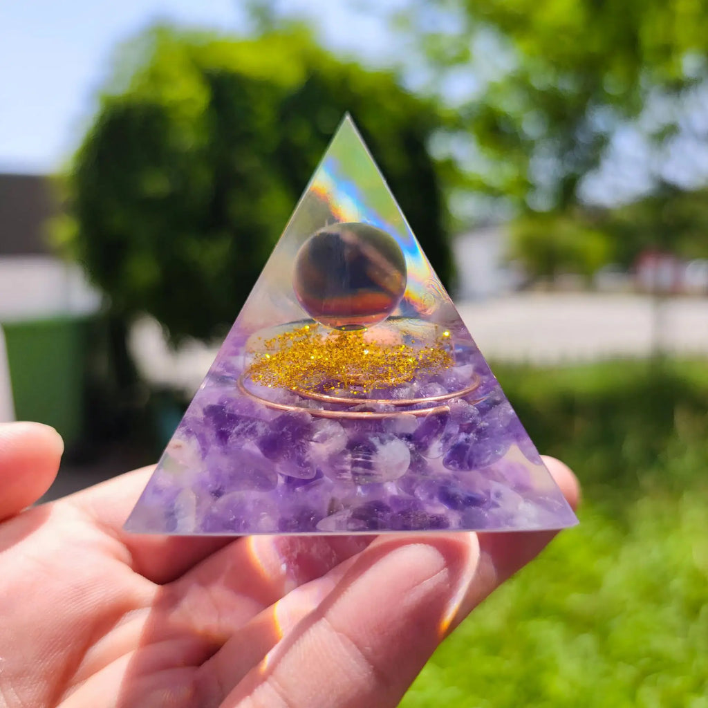 Wisdom and Mental Clarity Amethyst Copper Coil Orgone Pyramid with Wooden Base