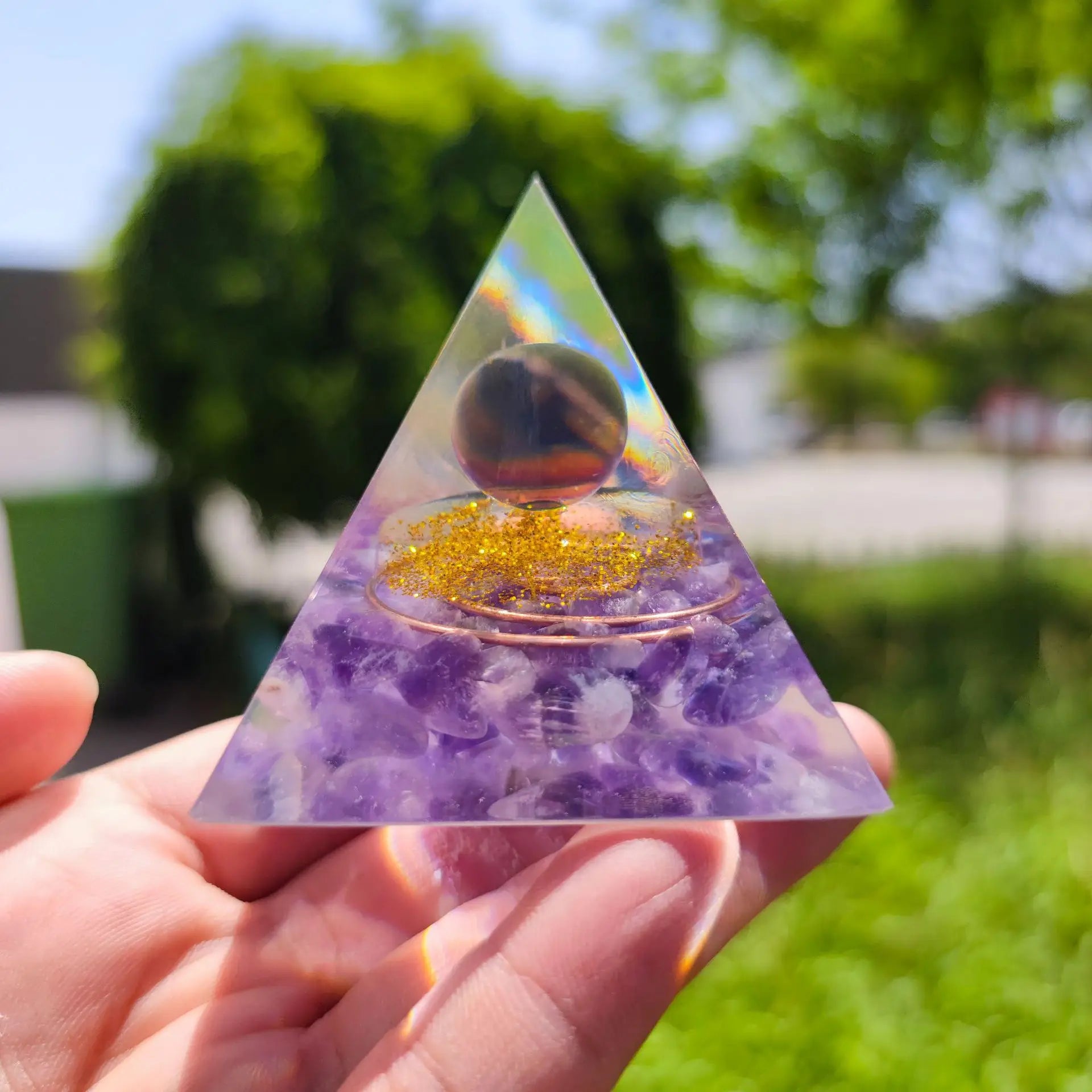Wisdom and Mental Clarity Amethyst Copper Coil Orgone Pyramid with Wooden Base