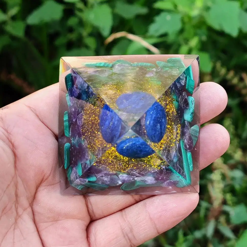 Wisdom and Transformation Lapis Lazuli Amethyst Malachite Orgone Pyramid with Wooden Base