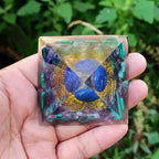 Wisdom and Transformation Lapis Lazuli Amethyst Malachite Orgone Pyramid with Wooden Base