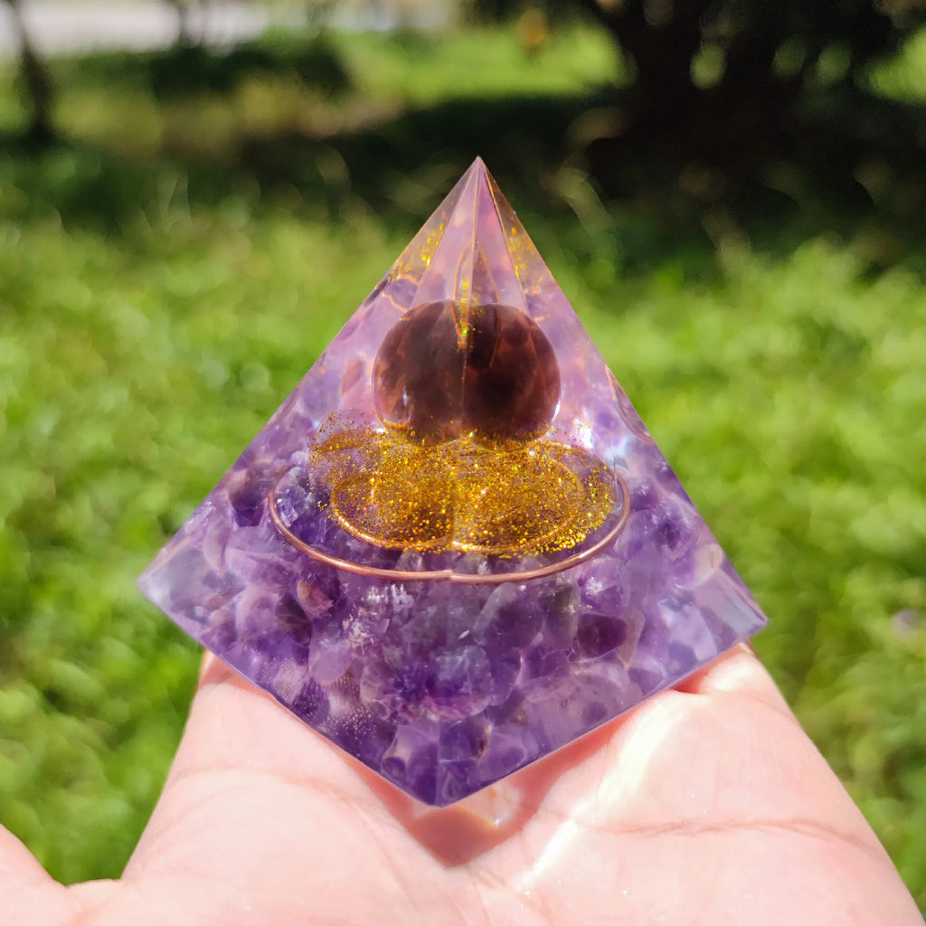 Wisdom and Mental Clarity Amethyst Copper Coil Orgone Pyramid with Wooden Base