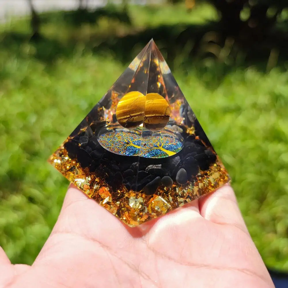 Wealth and Protection Tiger Eye Obsidian Orgone Pyramid with Wooden Base