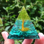 Abundance and Transformation Malachite Tree of Life Orgone Pyramid with Wooden Base