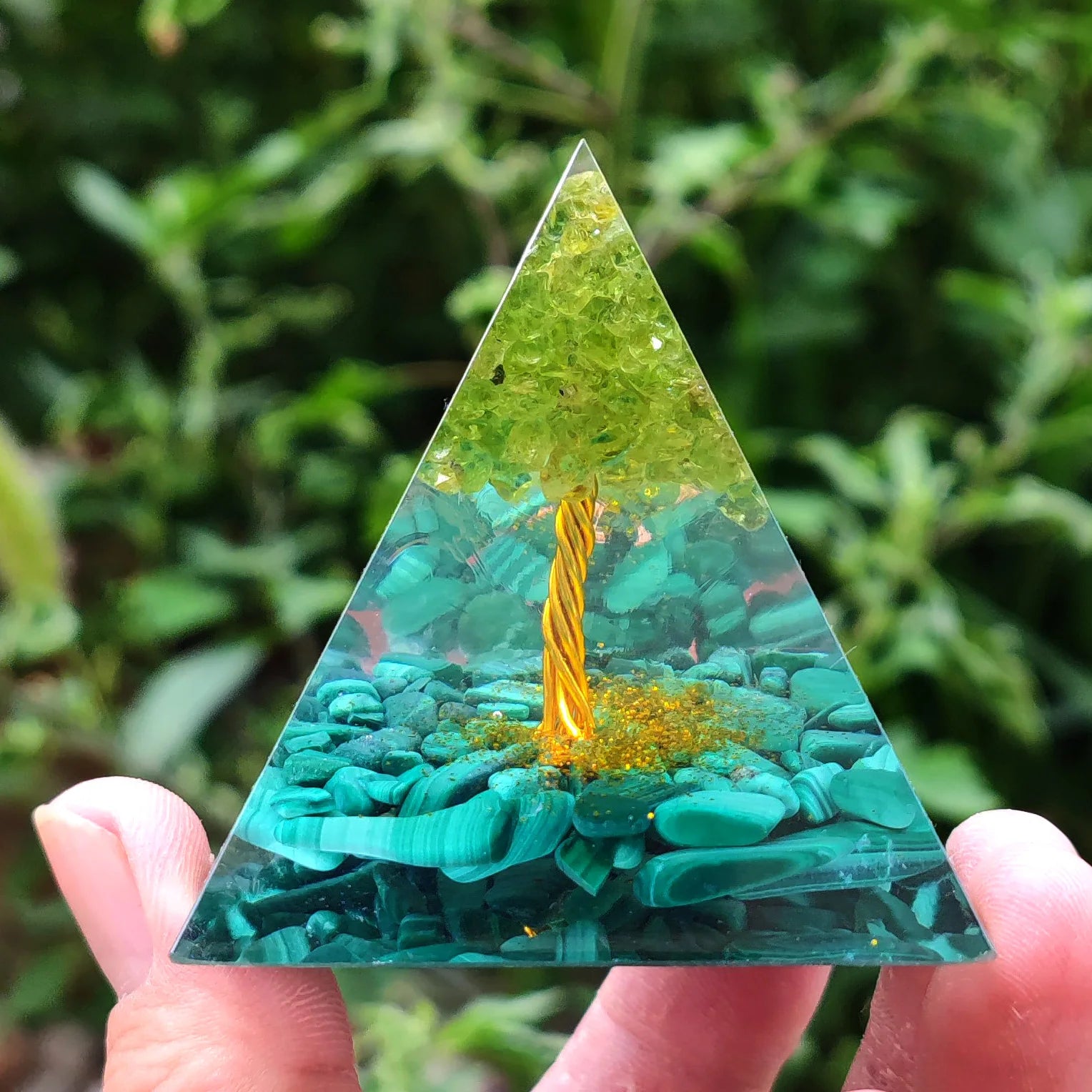 Abundance and Transformation Malachite Tree of Life Orgone Pyramid with Wooden Base