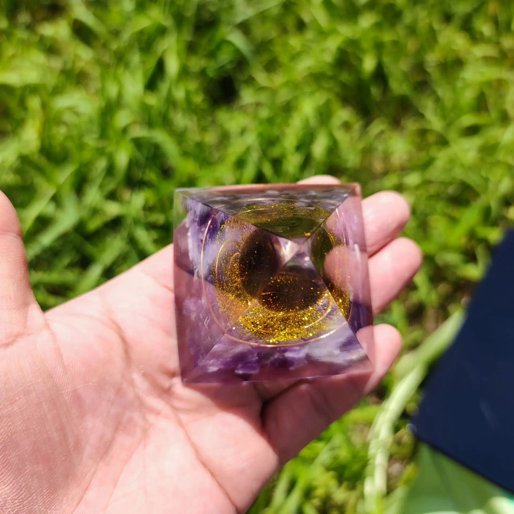 Wisdom and Mental Clarity Amethyst Copper Coil Orgone Pyramid with Wooden Base
