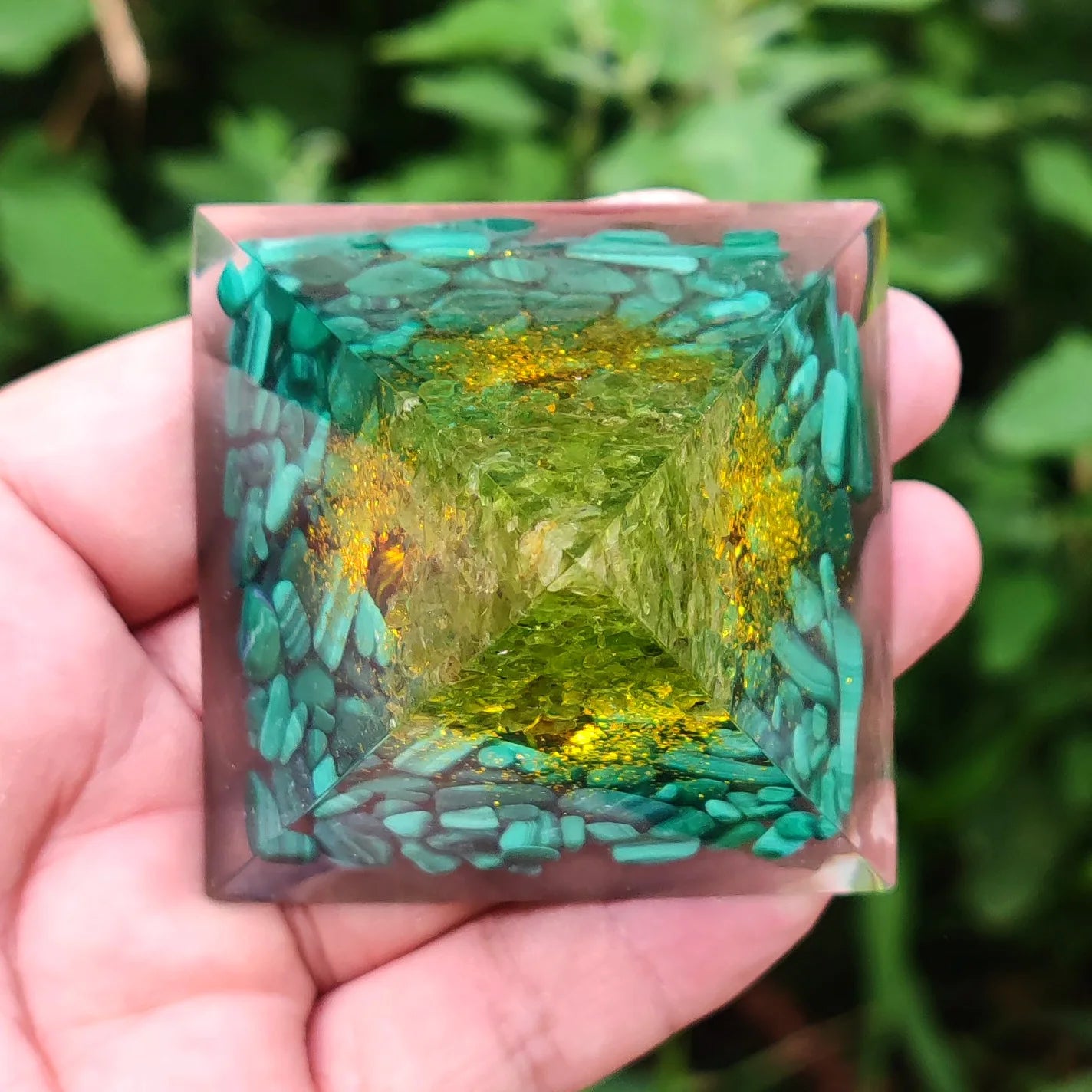 Abundance and Transformation Malachite Tree of Life Orgone Pyramid with Wooden Base