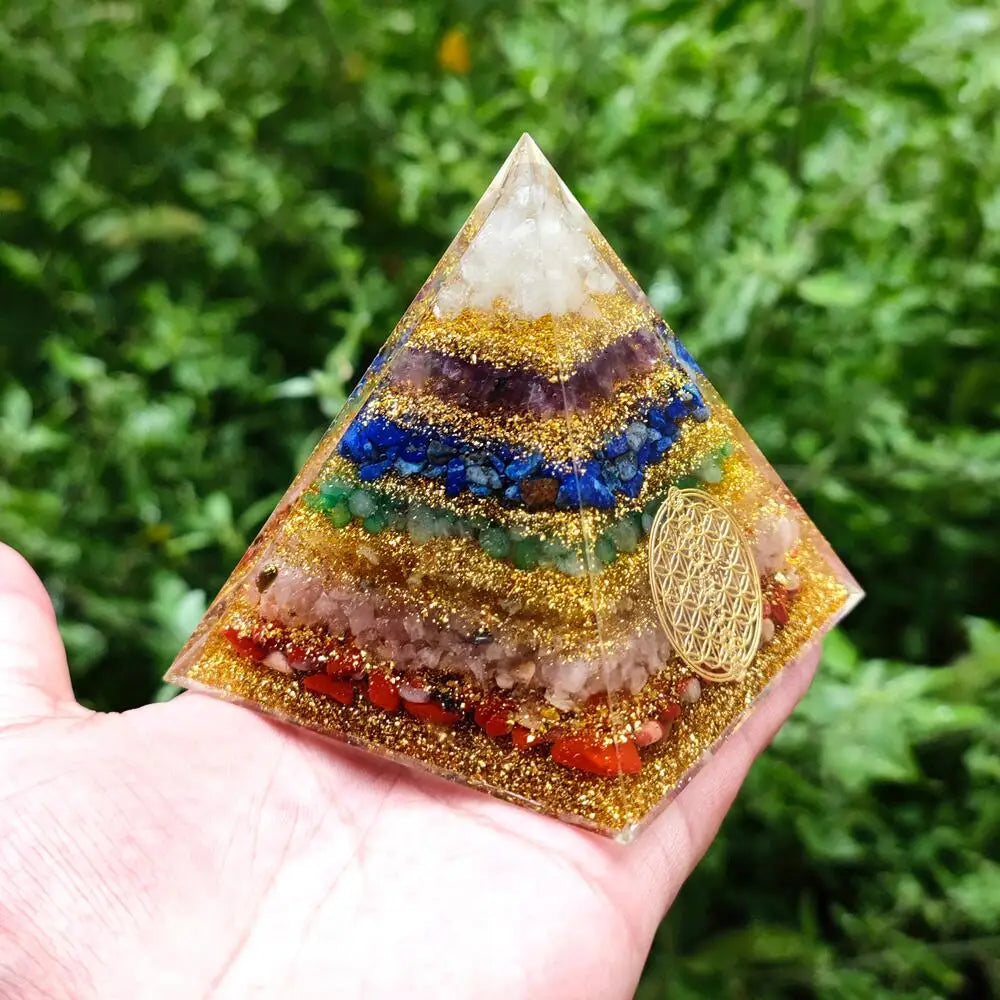 Harmony and Balance 7 Chakra Energy Orgone Pyramid with Wooden Base