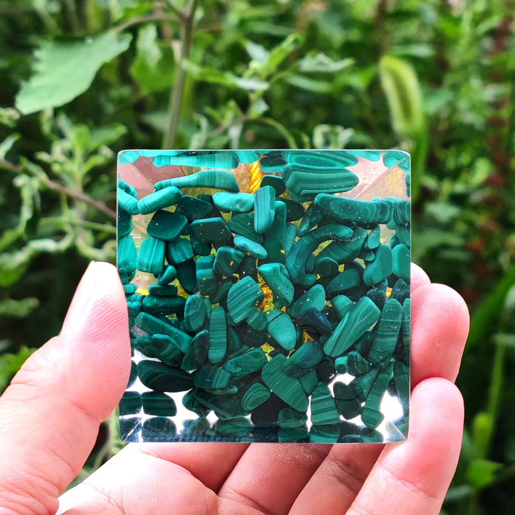 Abundance and Transformation Malachite Tree of Life Orgone Pyramid with Wooden Base