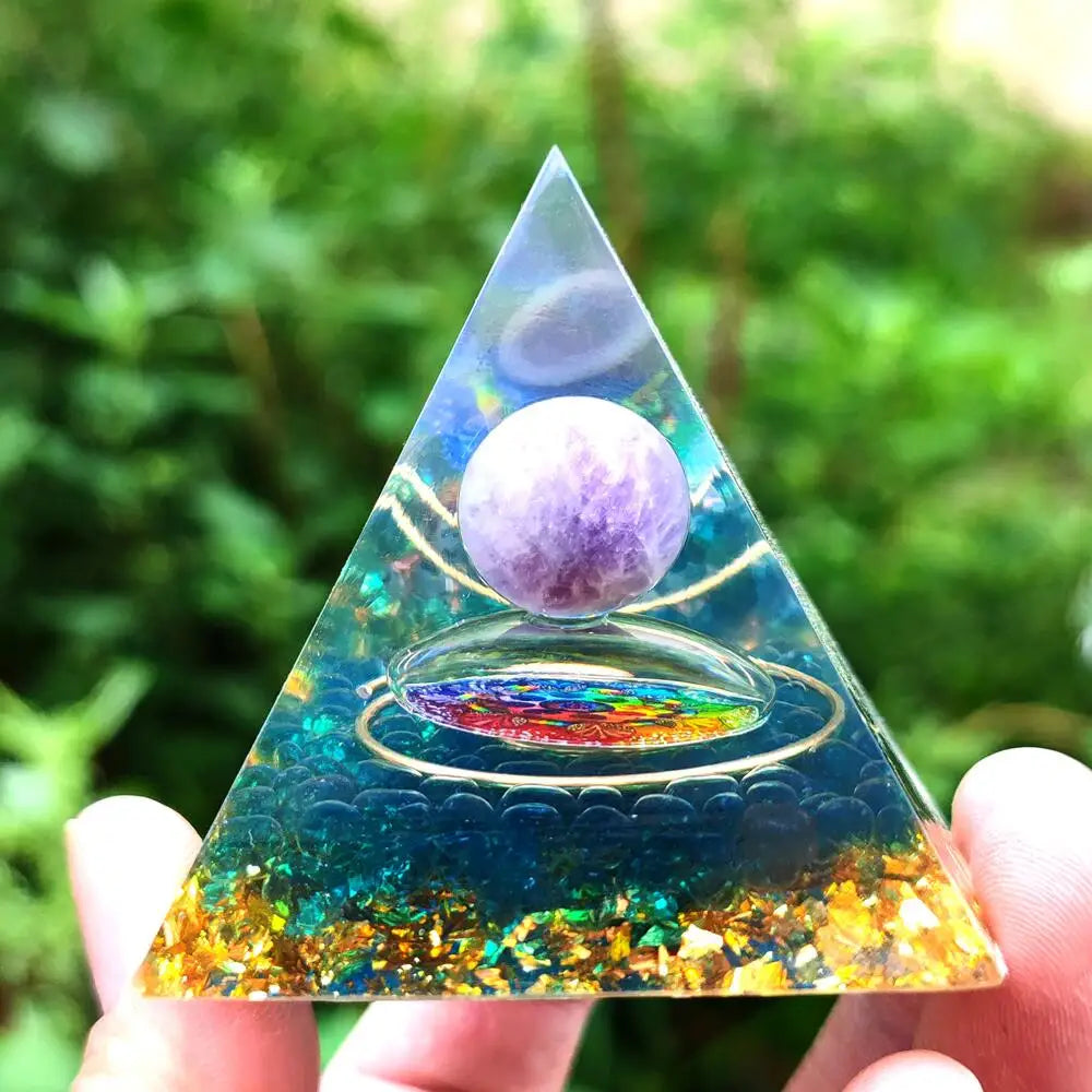 Inner Peace and Spiritual Growth Amethyst Sphere Orgone Pyramid with Wooden Base
