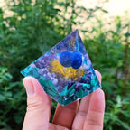 Wisdom and Transformation Lapis Lazuli Amethyst Malachite Orgone Pyramid with Wooden Base