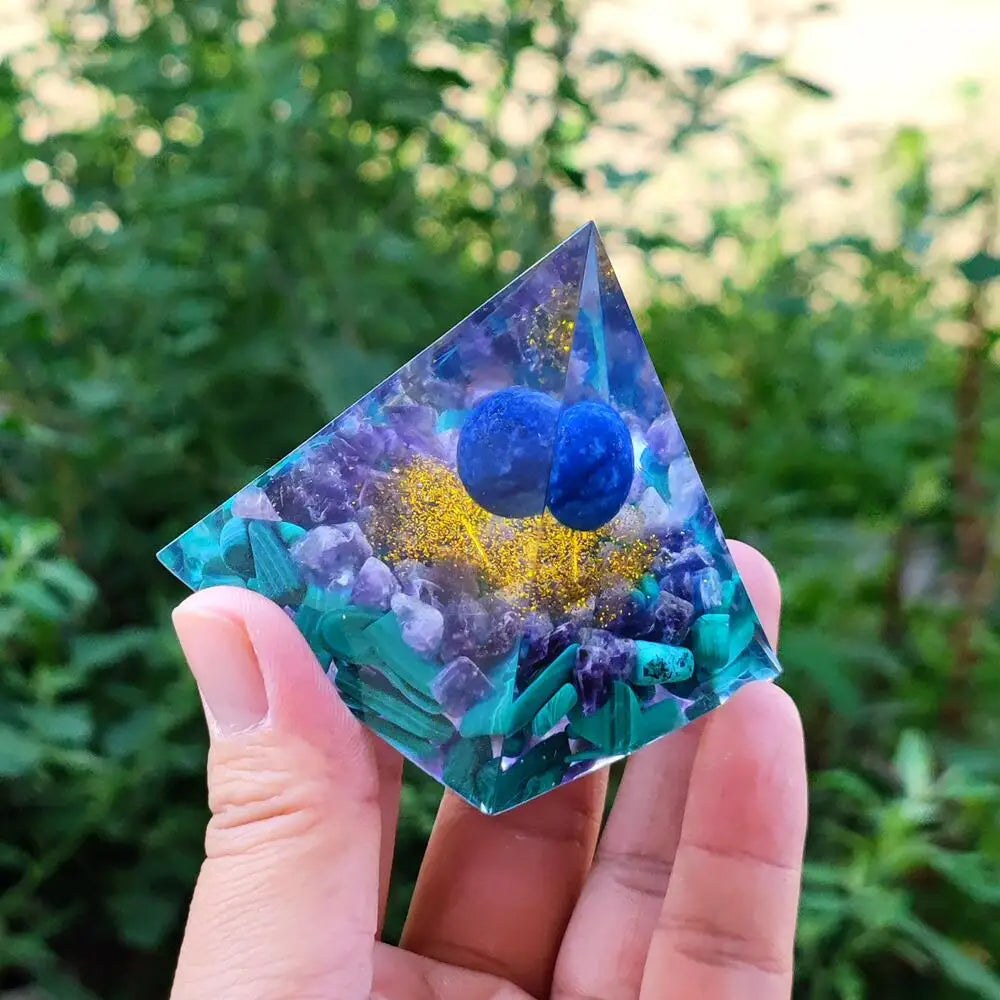 Wisdom and Transformation Lapis Lazuli Amethyst Malachite Orgone Pyramid with Wooden Base