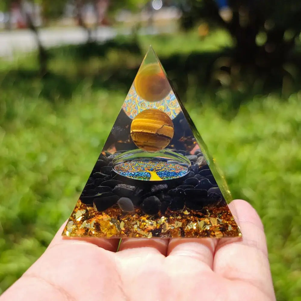 Wealth and Protection Tiger Eye Obsidian Orgone Pyramid with Wooden Base