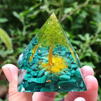 Abundance and Transformation Malachite Tree of Life Orgone Pyramid with Wooden Base