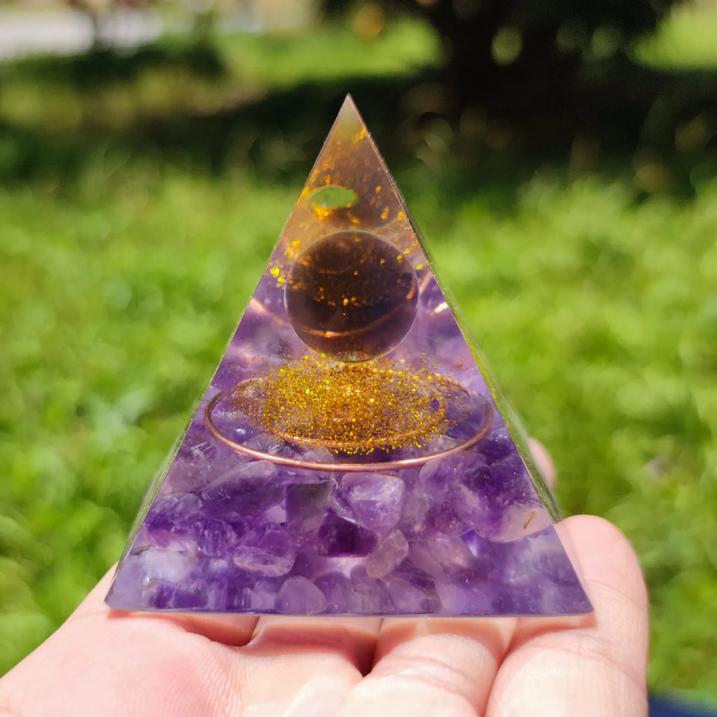 Wisdom and Mental Clarity Amethyst Copper Coil Orgone Pyramid with Wooden Base