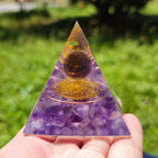 Wisdom and Mental Clarity Amethyst Copper Coil Orgone Pyramid with Wooden Base