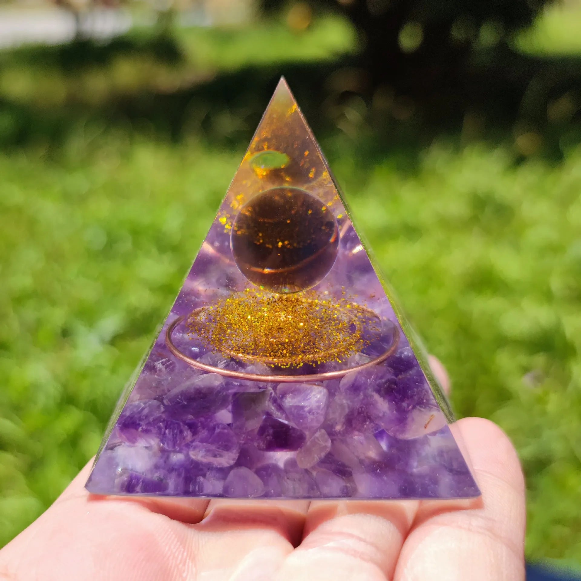 Wisdom and Mental Clarity Amethyst Copper Coil Orgone Pyramid with Wooden Base