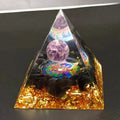 Orgon-Pyramide mit Kugel aus Obsidian und Amethyst und Holzsockel für Schutz und geistige Klarheit