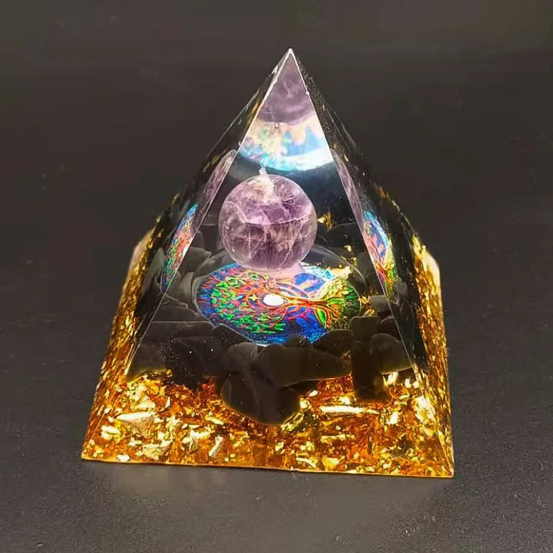 Orgon-Pyramide mit Kugel aus Obsidian und Amethyst und Holzsockel für Schutz und geistige Klarheit