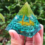 Abundance and Transformation Malachite Tree of Life Orgone Pyramid with Wooden Base