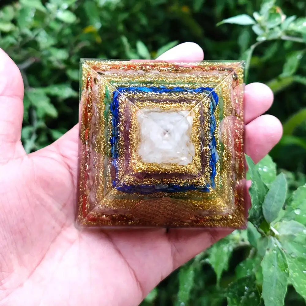 Harmony and Balance 7 Chakra Energy Orgone Pyramid with Wooden Base