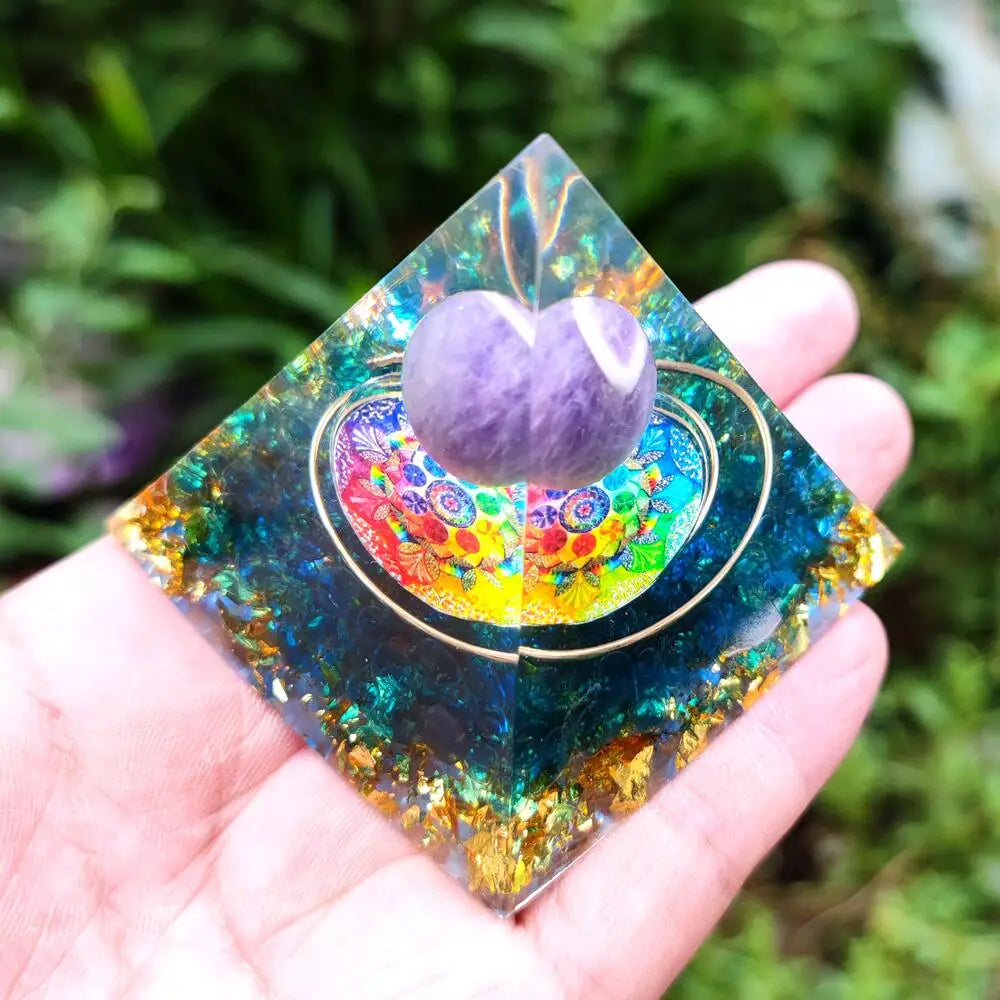 Inner Peace and Spiritual Growth Amethyst Sphere Orgone Pyramid with Wooden Base