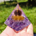 Wisdom and Mental Clarity Amethyst Copper Coil Orgone Pyramid with Wooden Base