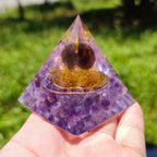 Wisdom and Mental Clarity Amethyst Copper Coil Orgone Pyramid with Wooden Base