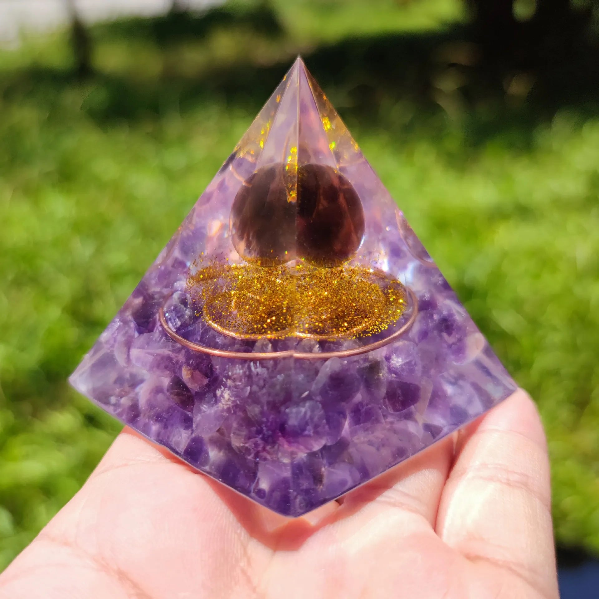 Wisdom and Mental Clarity Amethyst Copper Coil Orgone Pyramid with Wooden Base