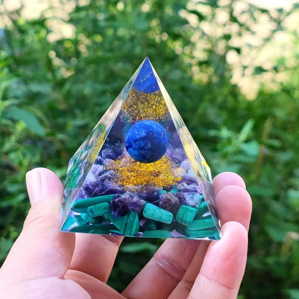 Wisdom and Transformation Lapis Lazuli Amethyst Malachite Orgone Pyramid with Wooden Base