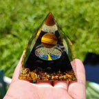 Wealth and Protection Tiger Eye Obsidian Orgone Pyramid with Wooden Base