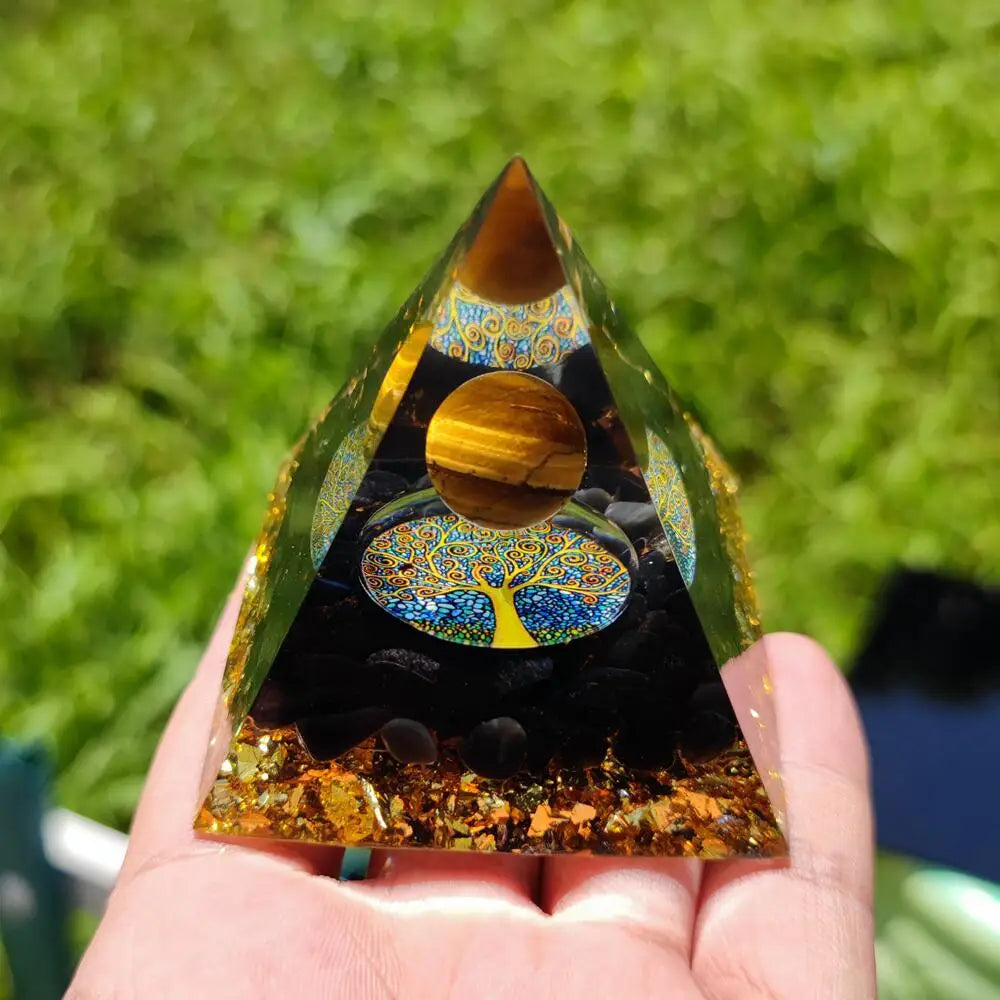 Wealth and Protection Tiger Eye Obsidian Orgone Pyramid with Wooden Base