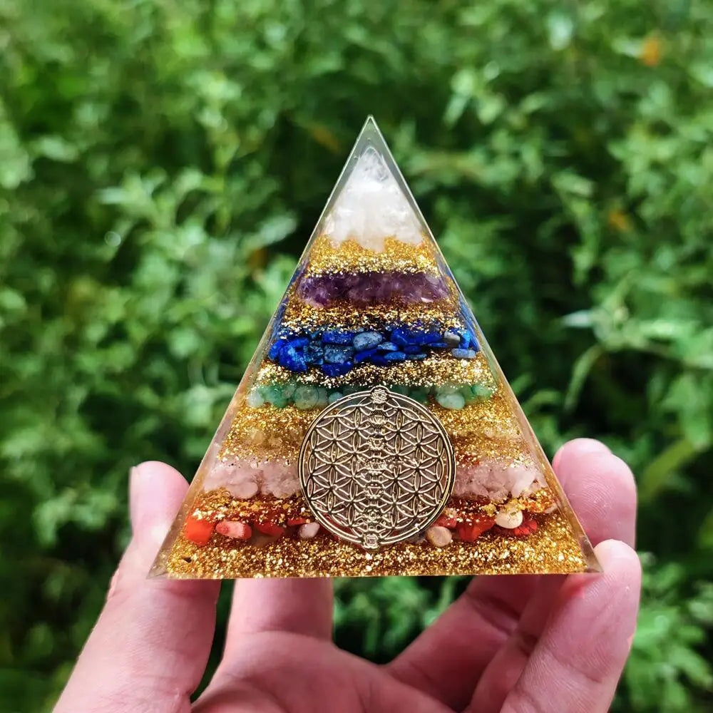 Harmony and Balance 7 Chakra Energy Orgone Pyramid with Wooden Base