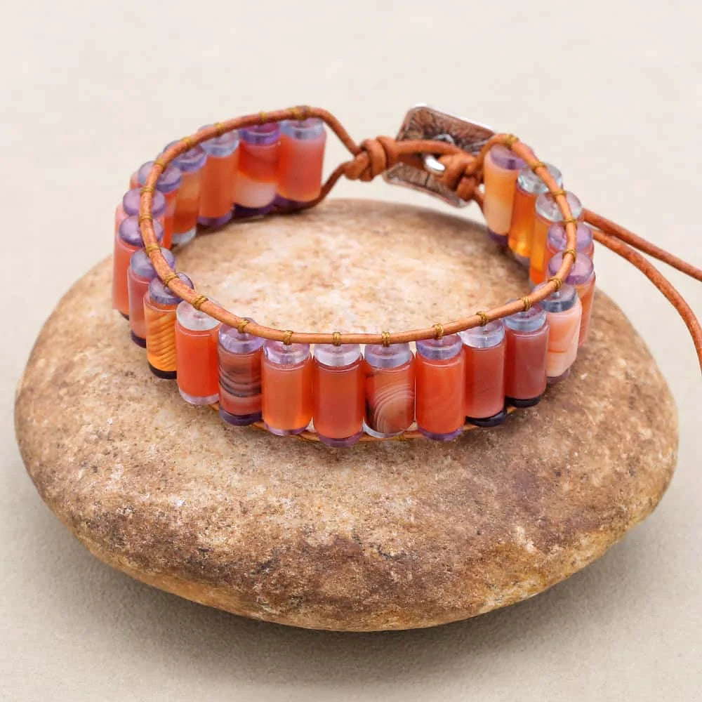 Vitality and Clarity: Red Agate Tube Fluorite Woven Leather Bracelet