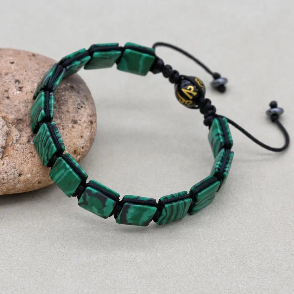 Handmade Square Synthetic Malachite Braided Bracelet | Unisex Spiritual Mantra Jewelry