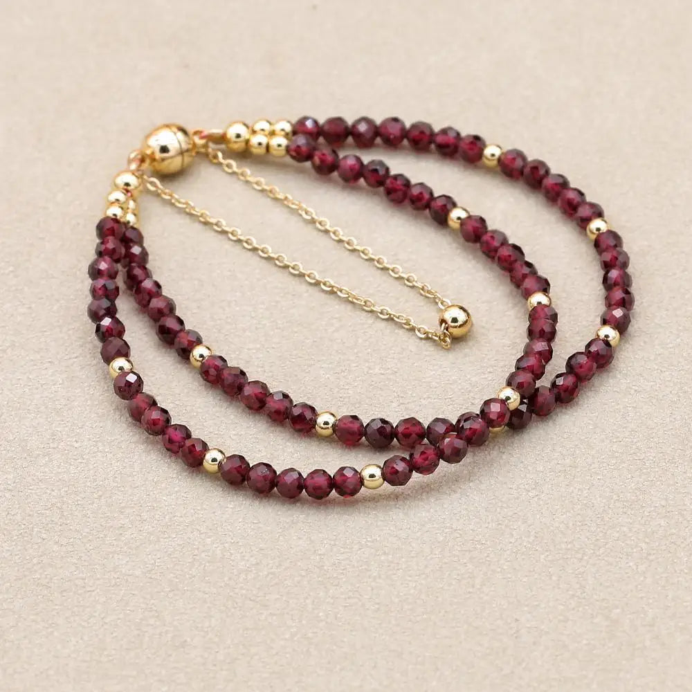 Handmade 3mm Faceted Garnet Double-Layer Bracelet with Magnetic Clasp
