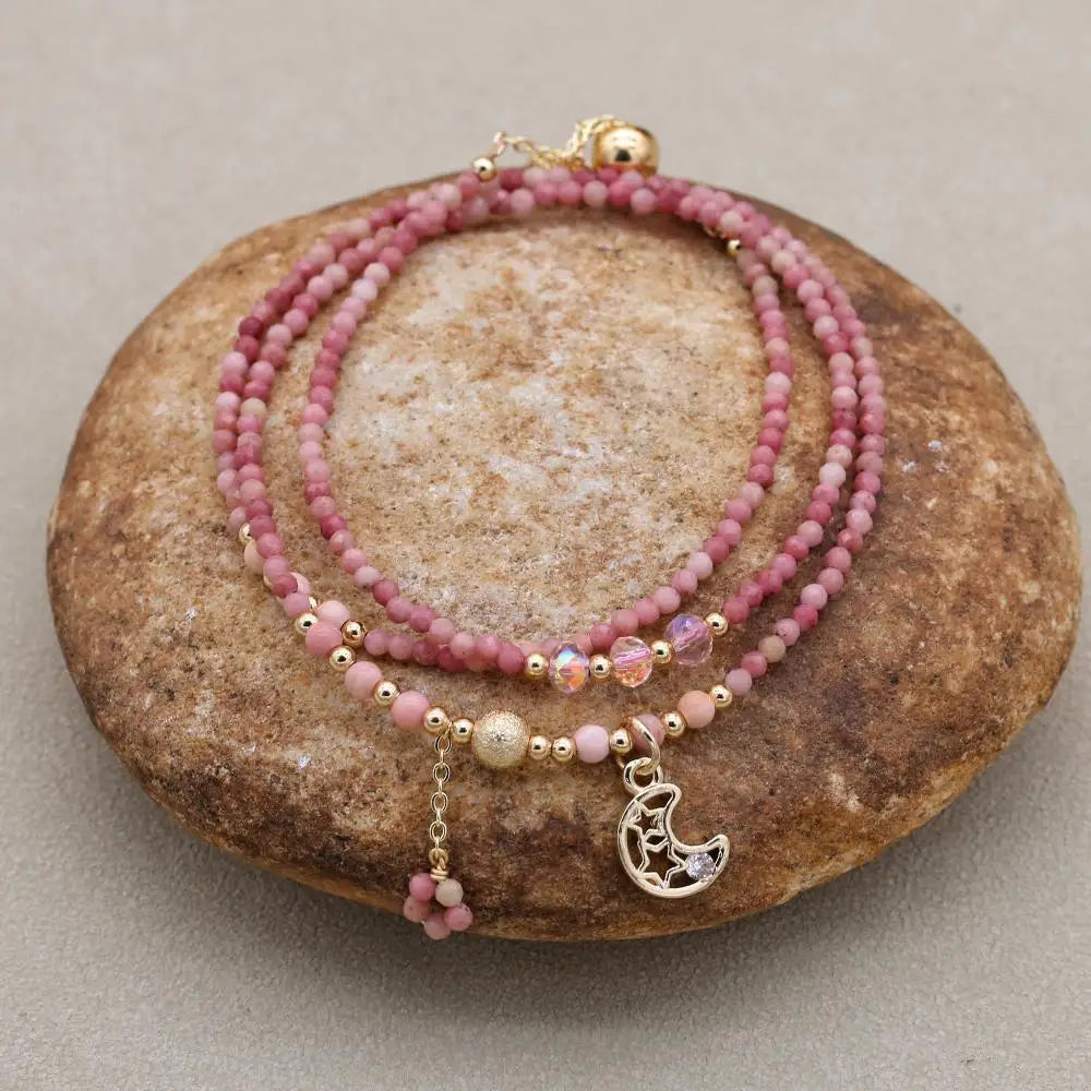 Emotionale Heilung Mehrlagiges Mond-Wickelarmband aus rosa Opal