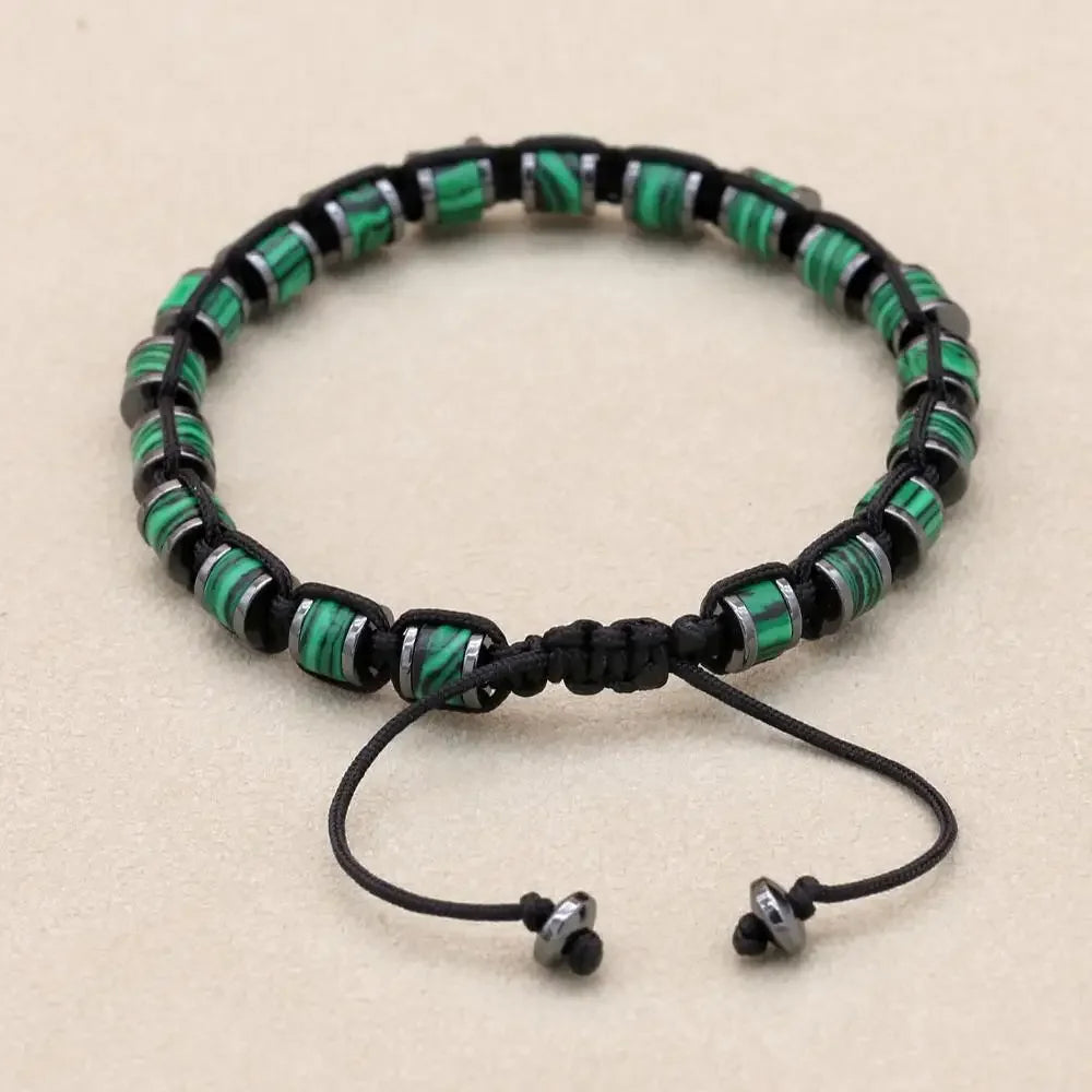 Malachite and Hematite Beaded Braided Bracelet for Men Women