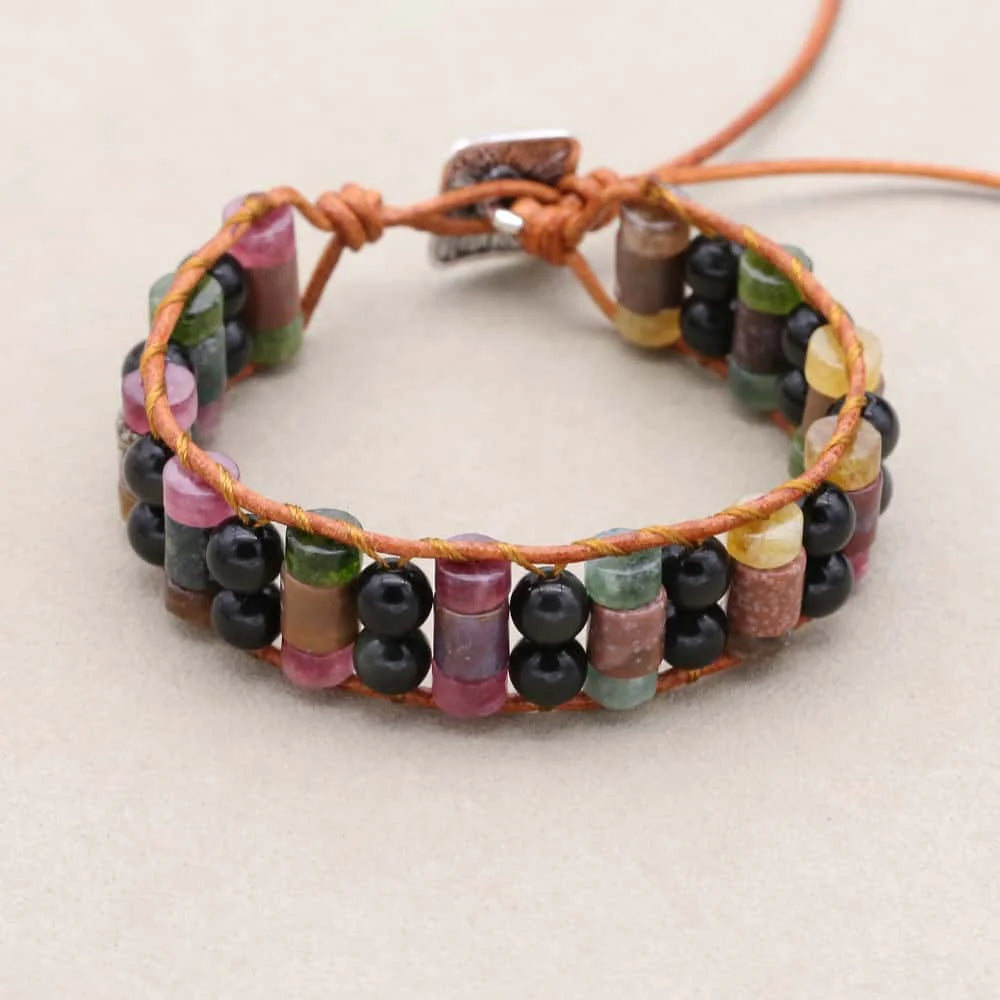 Rainbow Gemstone Leather Wrap Bracelet with Tourmaline & Obsidian