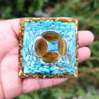 Prosperity and  Protection: Turquoise Tiger's Eye Orgone Pyramid with Wooden Base
