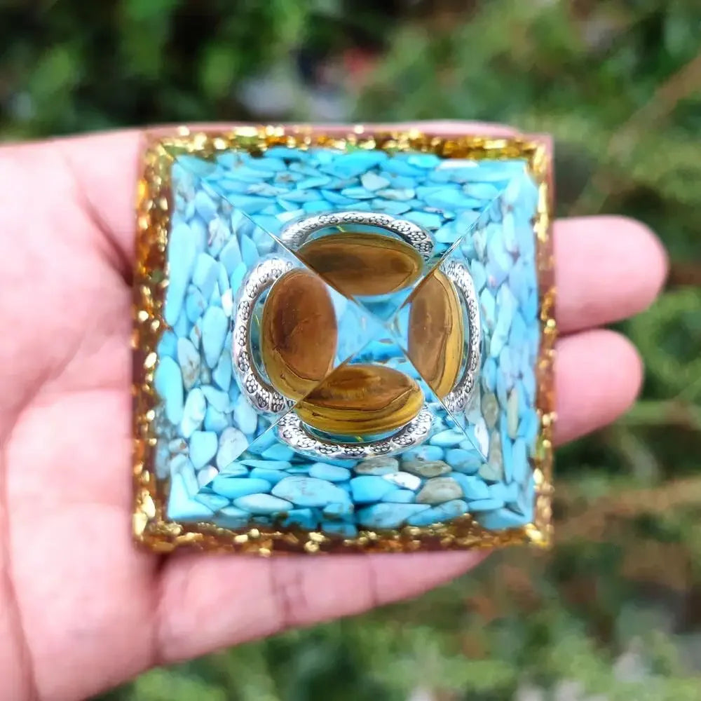 Prosperity and  Protection: Turquoise Tiger's Eye Orgone Pyramid with Wooden Base