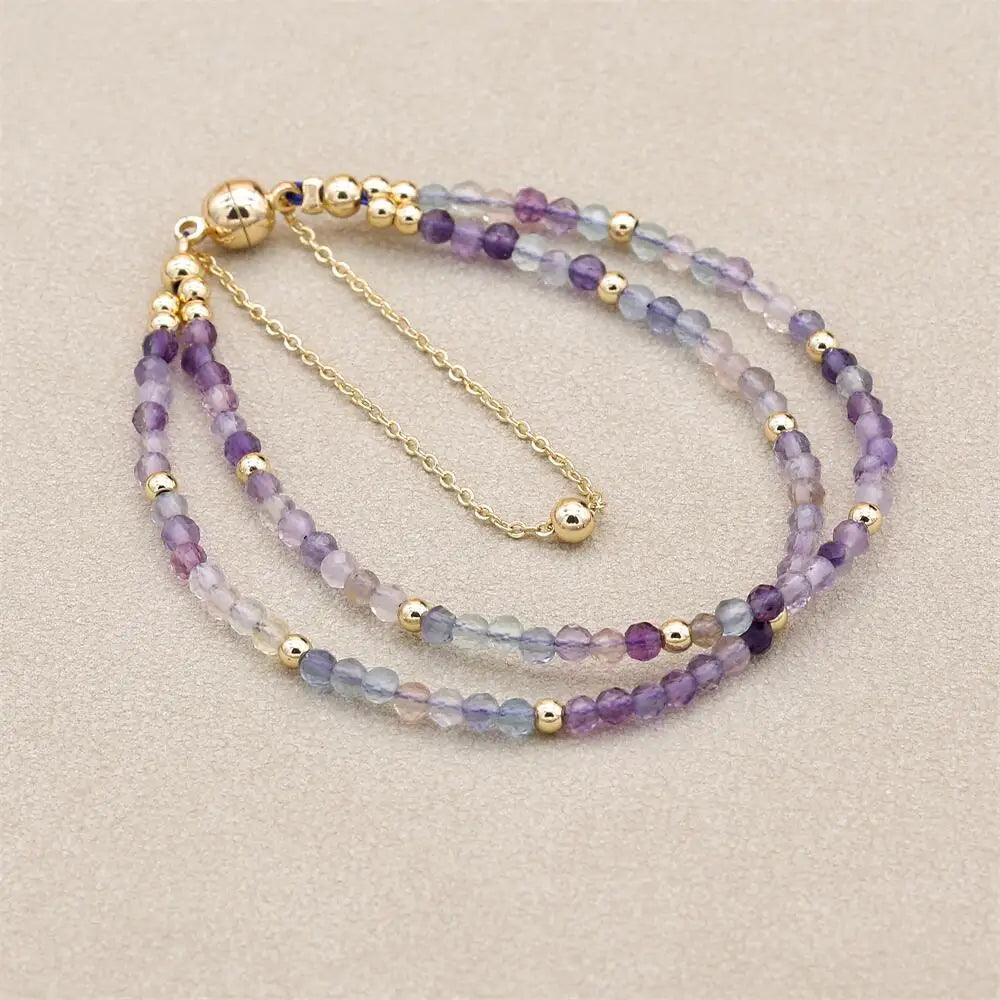 Handmade 3mm Faceted Rainbow Fluorite Double-Layer Bracelet with Magnetic Clasp