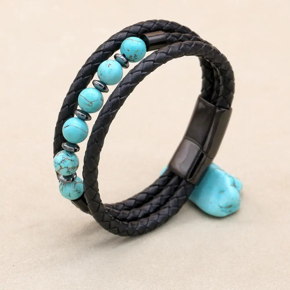 Handmade Turquoise & Hematite Multi-Layer Leather Bracelet for Men Women
